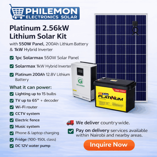 Platinum 2.56kW Lithium Solar Kit with 550W Panel, 200Ah Lithium Battery & 1kW Hybrid Inverter